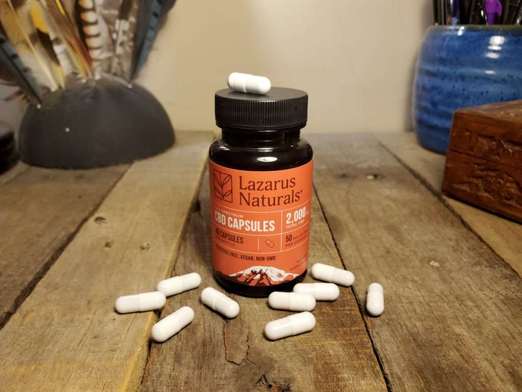 Bottle of Lazarus Naturals CBD capsules