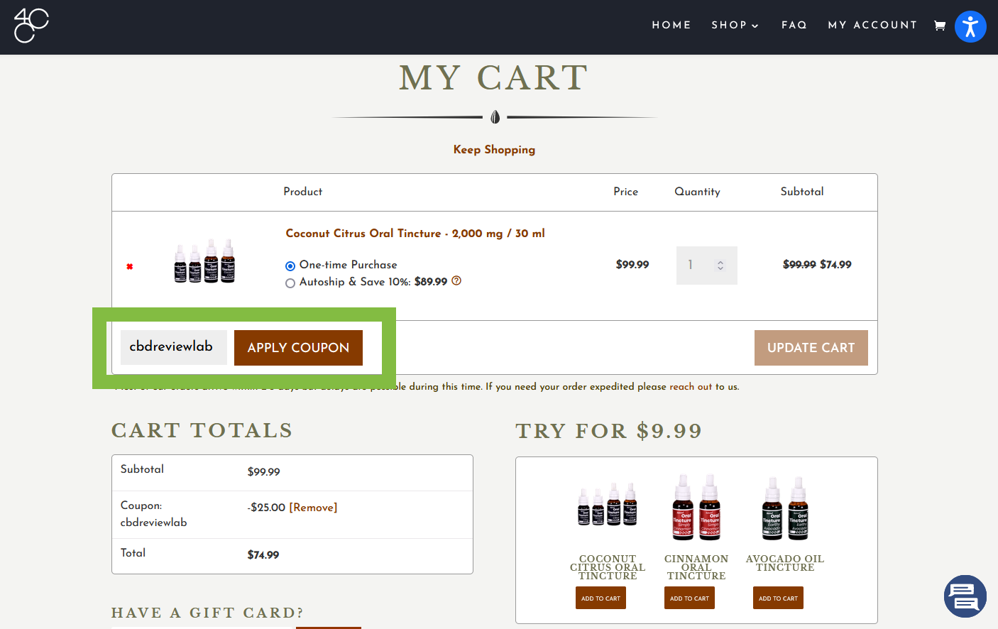 Screenshot of 4 Corners Cannabis checkout page with the location of the 4 Corners Cannabis coupon code field outlined in a green box.