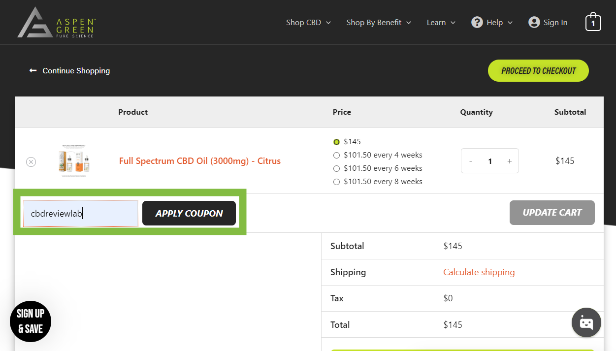Aspen Green website showing the location of the Aspen Green coupon code field