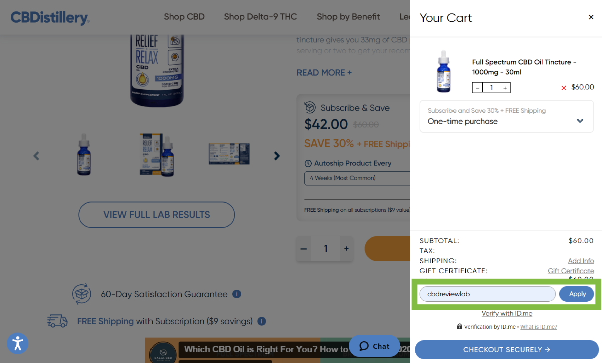 CBDistillery website showing the location of the CBDistillery coupon code field
