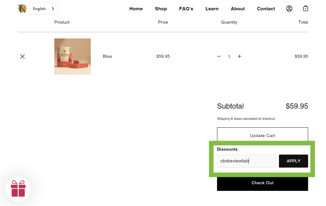 Tera Naturals website showing the location of the Tera Naturals coupon code field