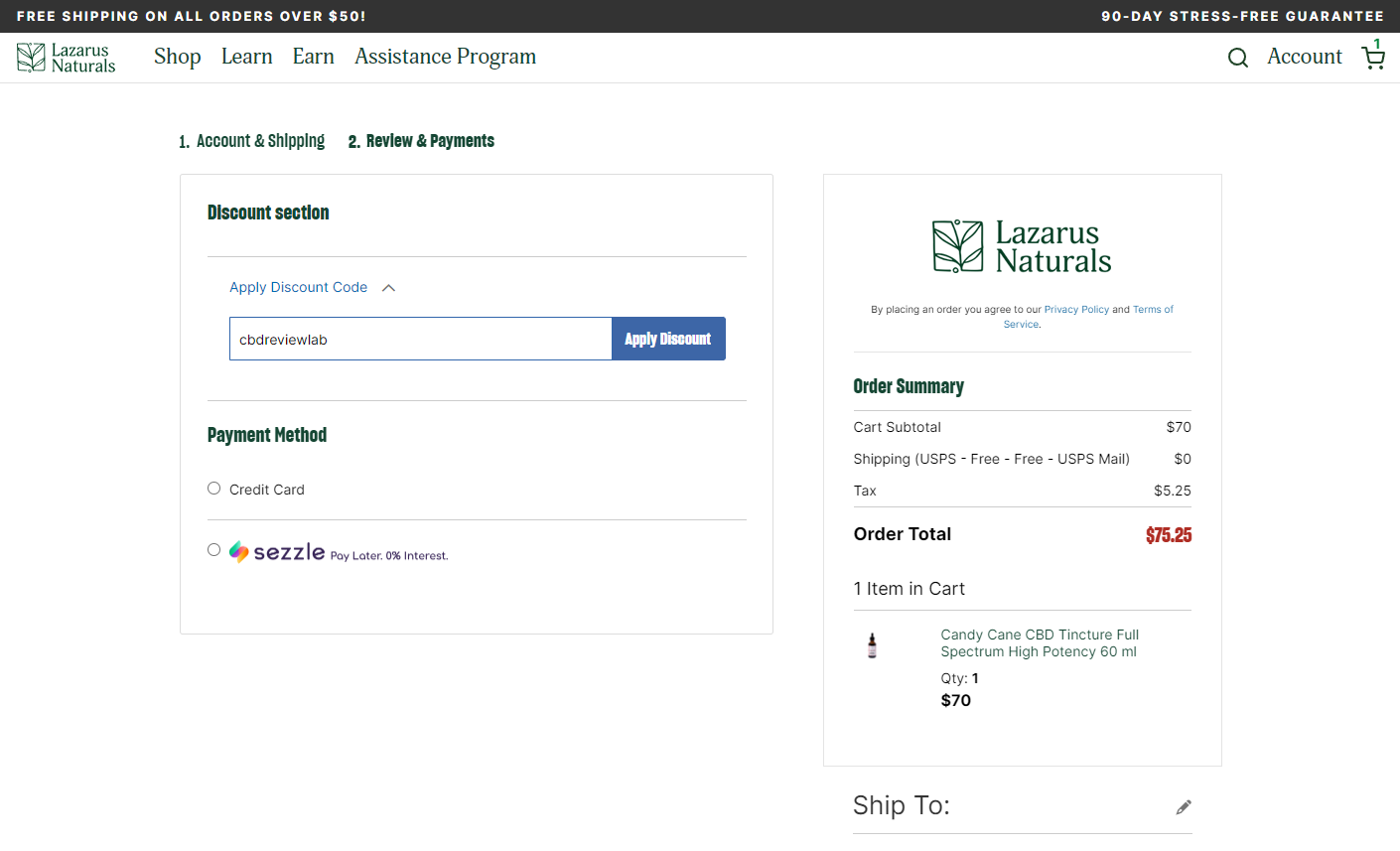 Screenshot of the Lazarus Naturals website showing where to enter the Lazarus Naturals coupon code