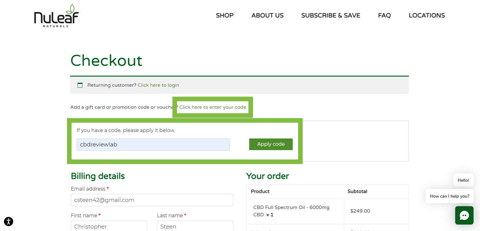 Screenshot of the NuLeaf Naturals website showing where to enter a coupon code for a discount
